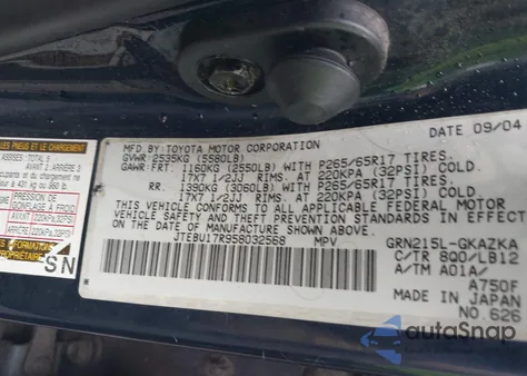 2005 Toyota 4Runner Limited V6 from USA, damaged, VIN JTEBU17R958032568